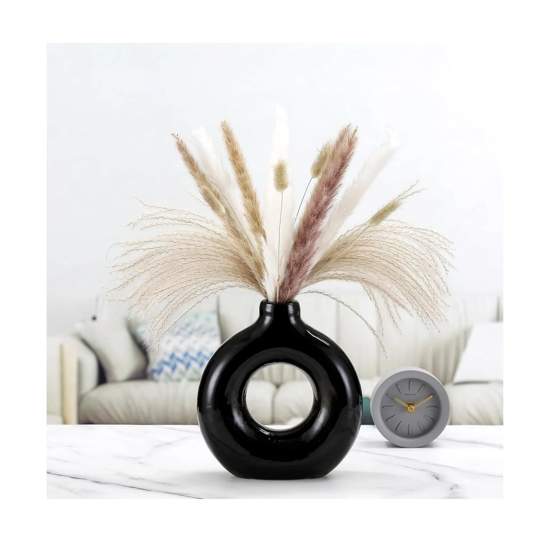 SPHINX Ceramic Donut Vase, Flower Vase Pampas Grass Vase, Vase Home Decor Centrepiece Decor for Home, Office, or Gifts-Vase Only - (1 White   1 Black (6.5 Inches))