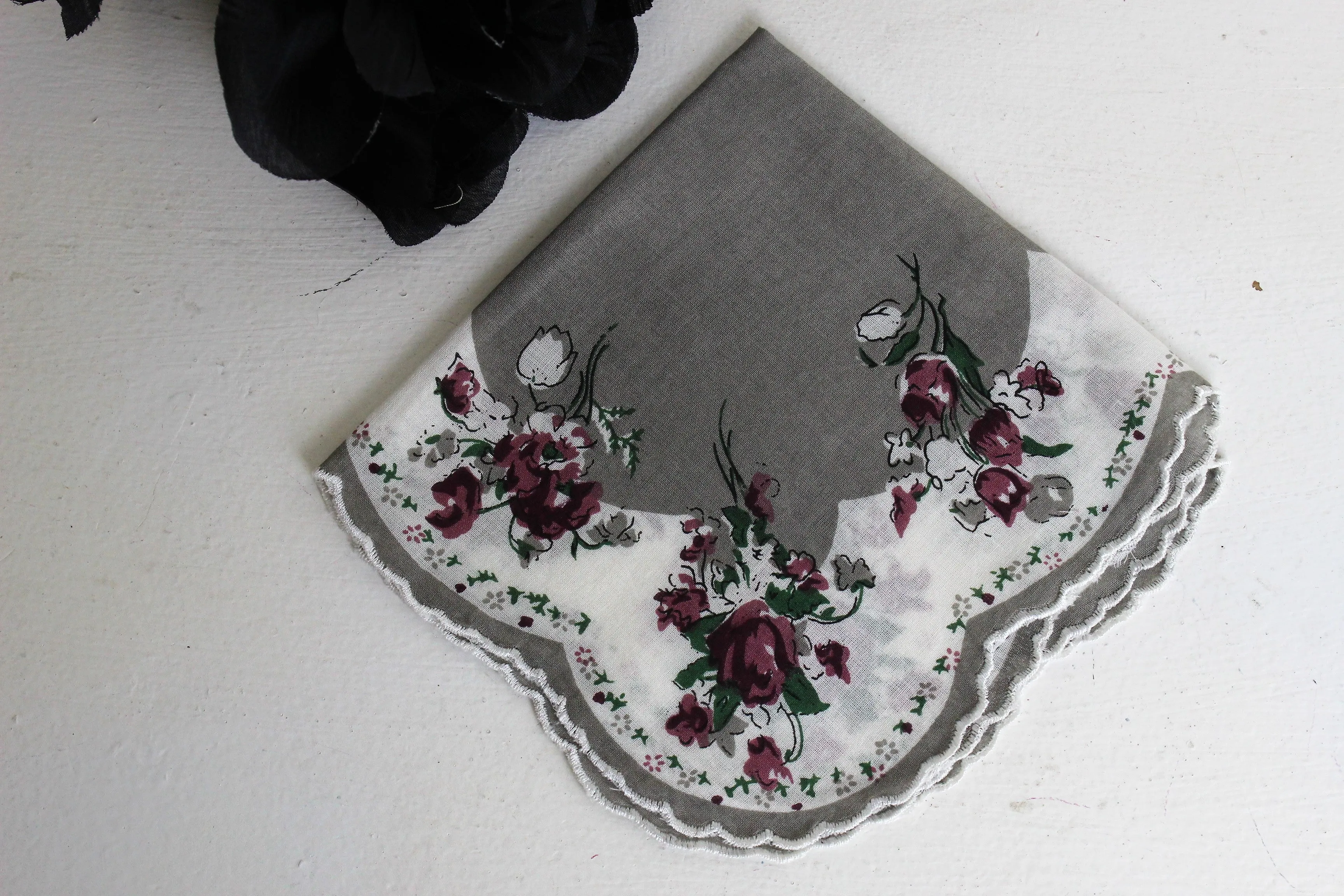 Vintage Handkerchief, Rose Print on Gray,  New Old Stock