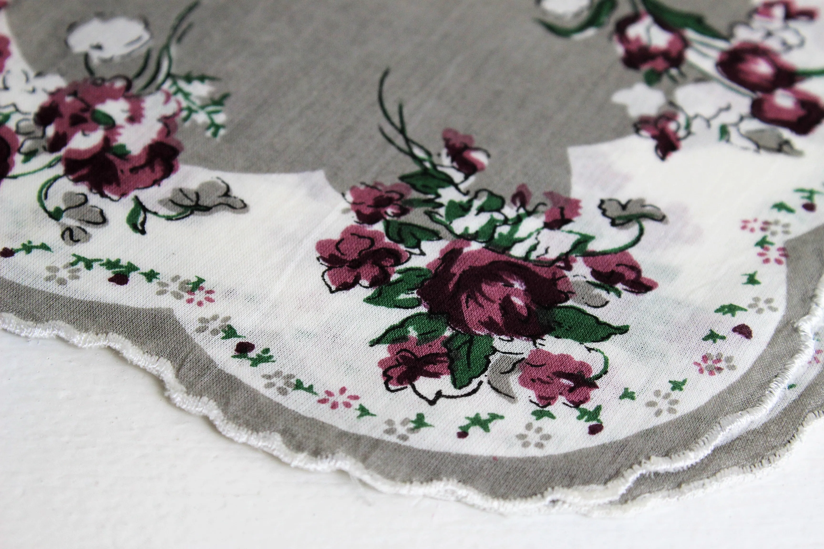 Vintage Handkerchief, Rose Print on Gray,  New Old Stock