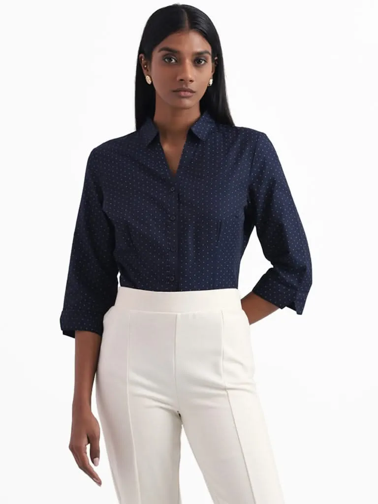 Wardrobe Printed Formal Navy Blue Shirt