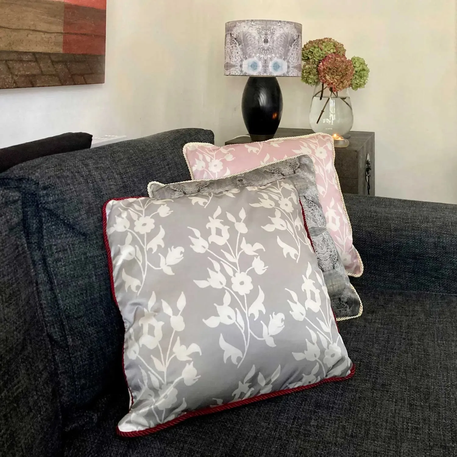 White Foliage on Grey Silk Cushion