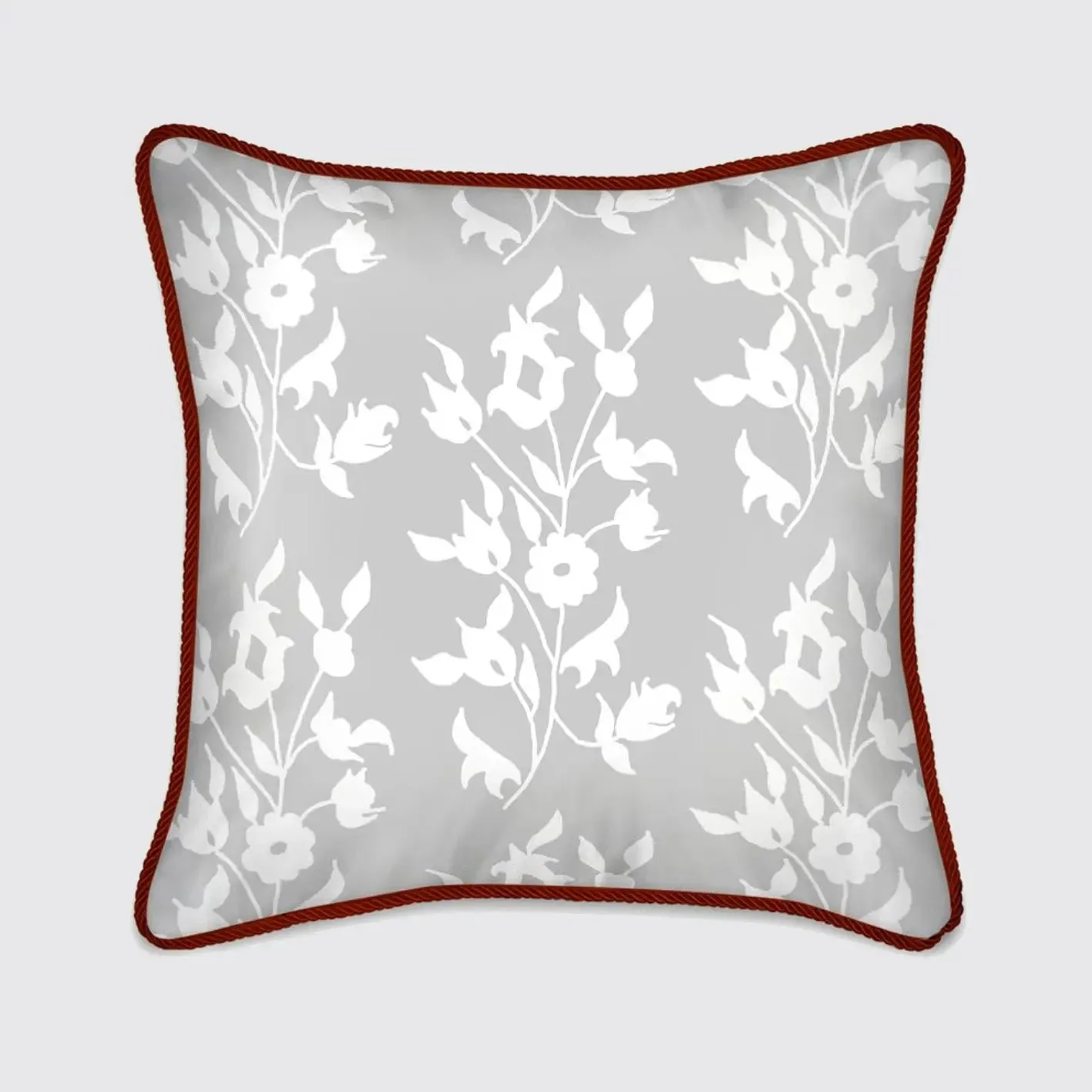 White Foliage on Grey Silk Cushion