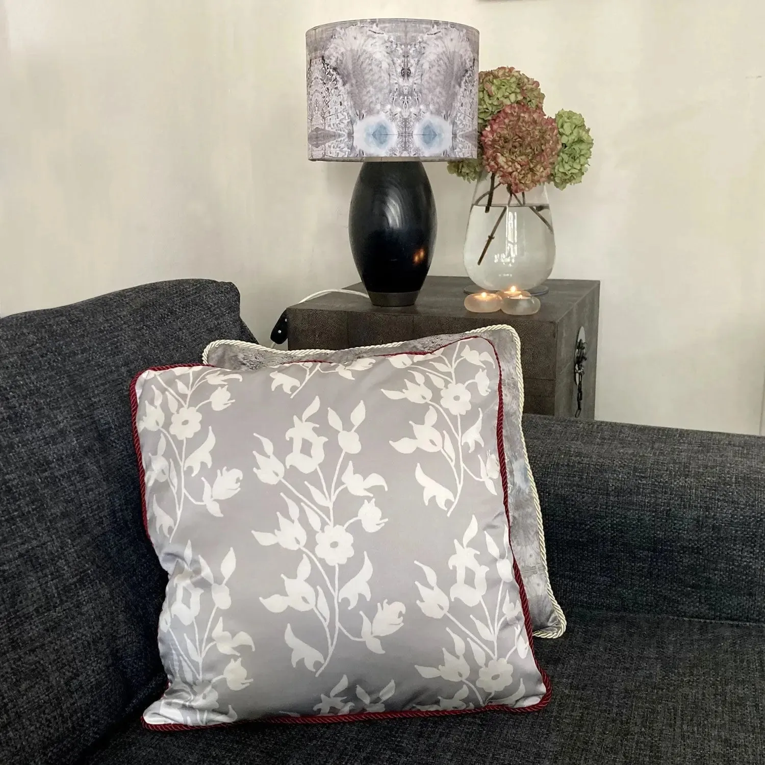 White Foliage on Grey Silk Cushion