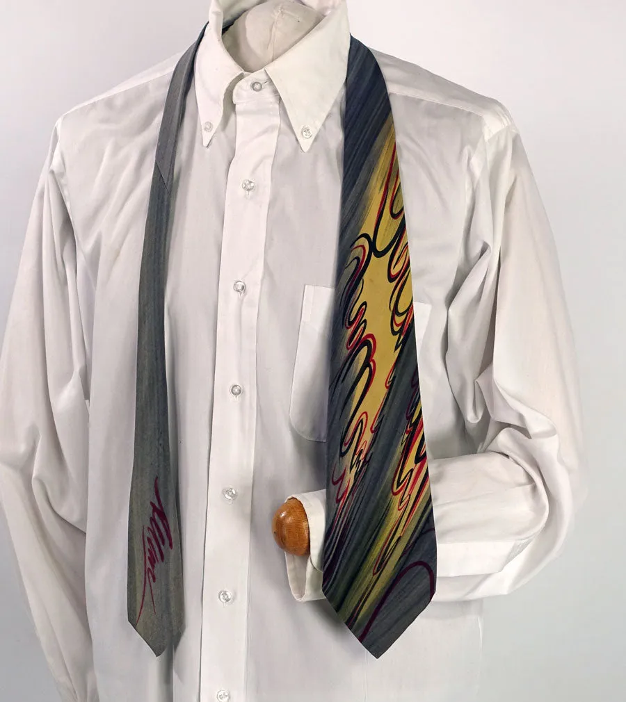 Wide 40s Vintage Necktie Hand Painted Tie Dramatic Signed Allan California VFG