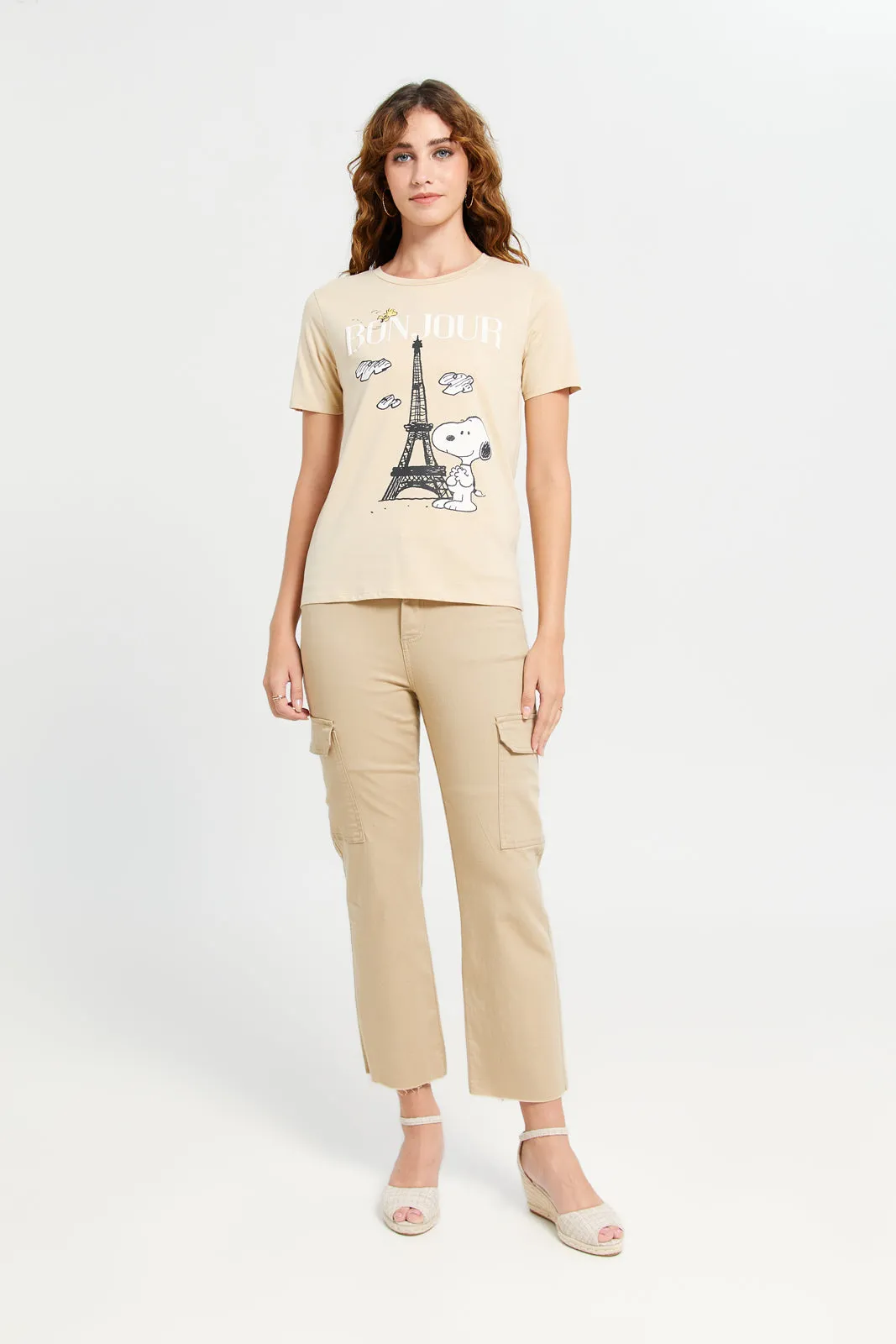 Women Beige Snoopy Printed T-Shirt