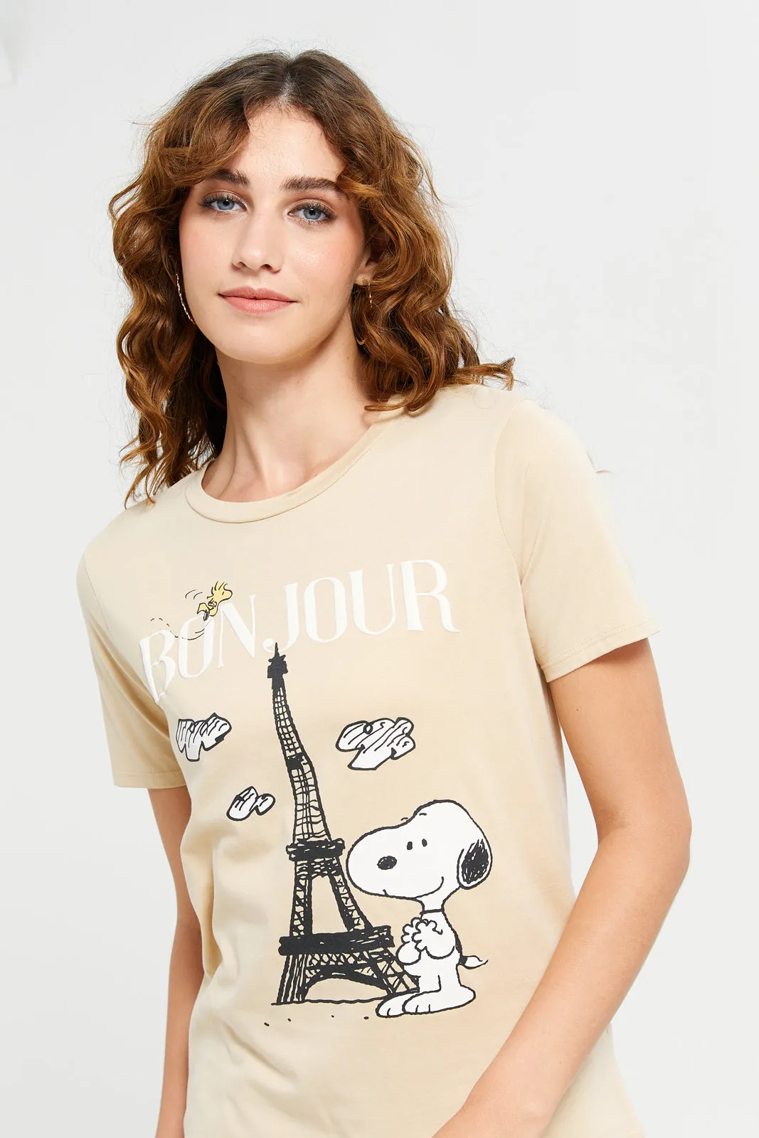 Women Beige Snoopy Printed T-Shirt