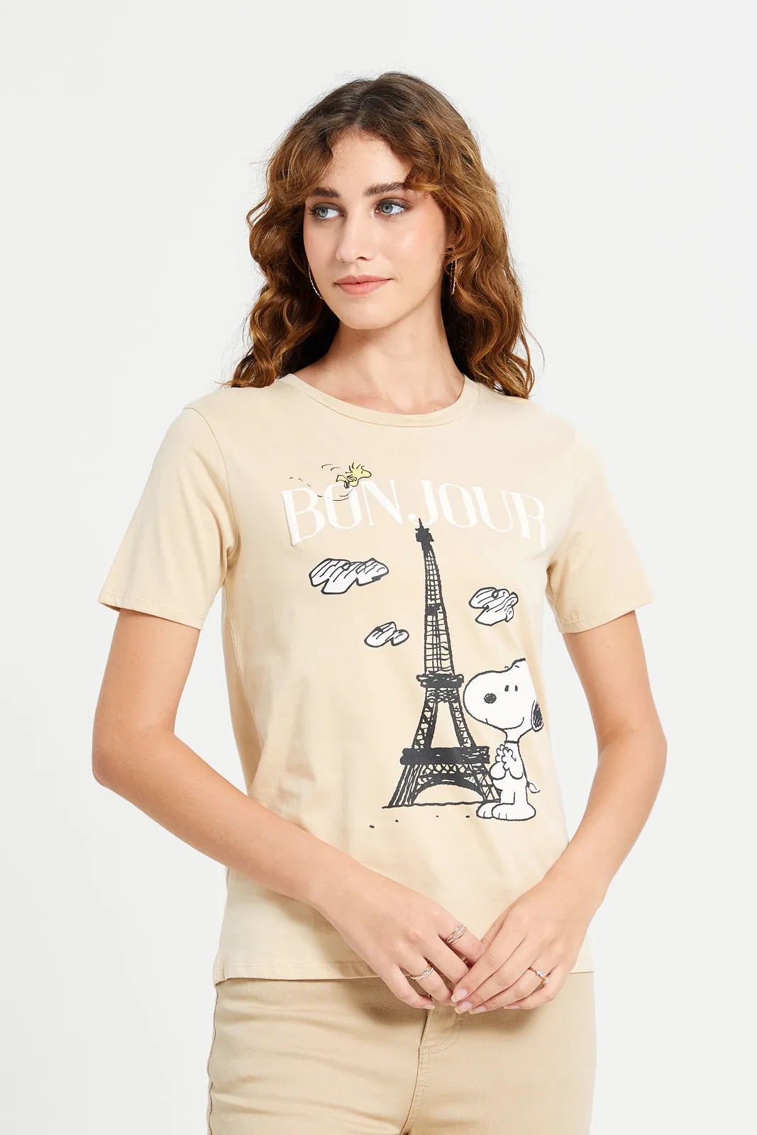 Women Beige Snoopy Printed T-Shirt