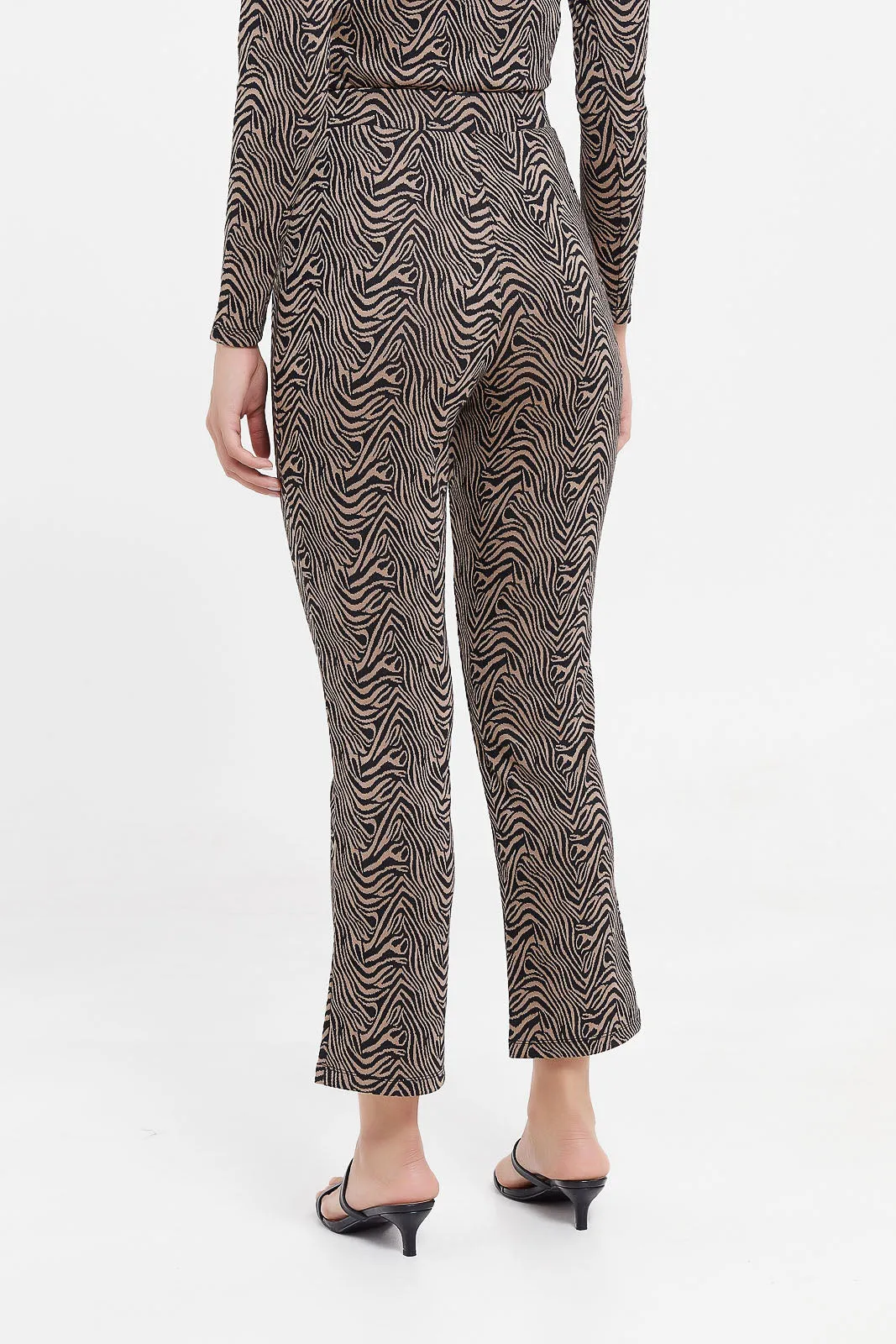 Women Black And Beige Animal Printed Trousers