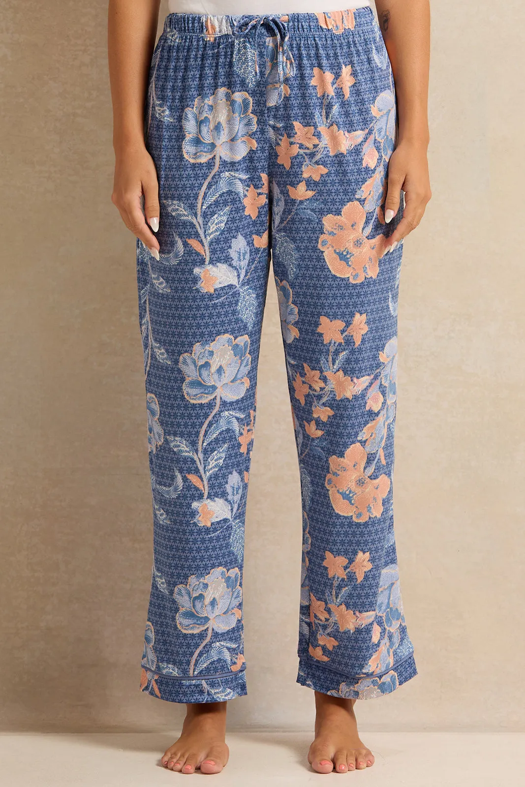 Women Blue And Orange Floral Long Sleeve Pyjama Set ( 2 Piece)