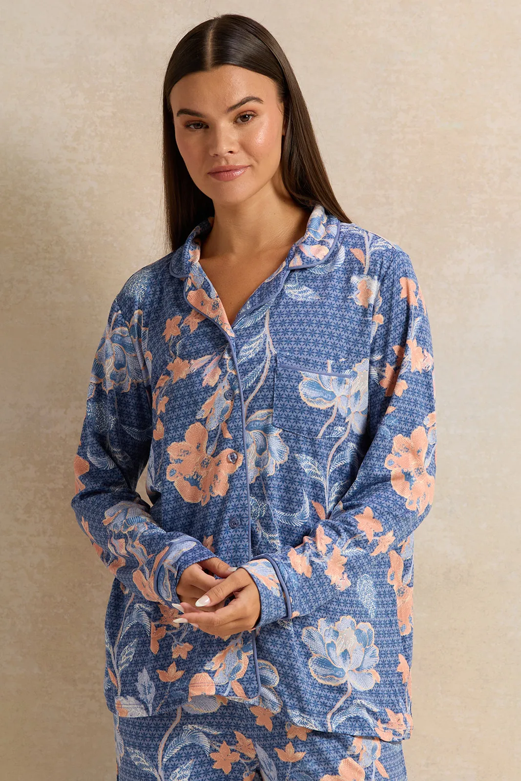 Women Blue And Orange Floral Long Sleeve Pyjama Set ( 2 Piece)