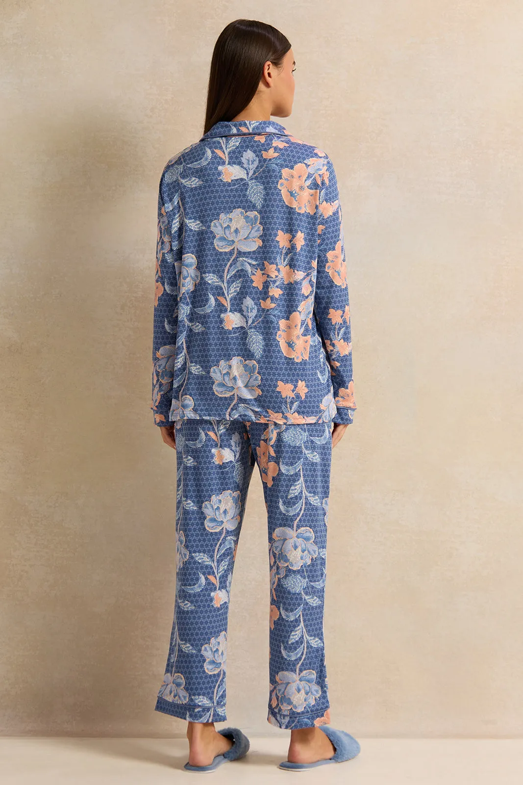 Women Blue And Orange Floral Long Sleeve Pyjama Set ( 2 Piece)