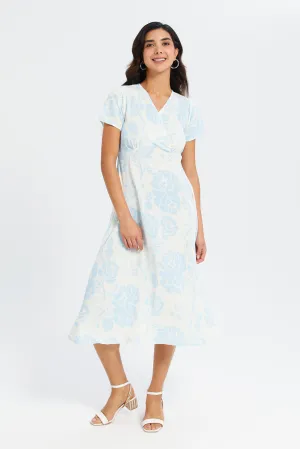 Women Blue And White Printed Midi Dress