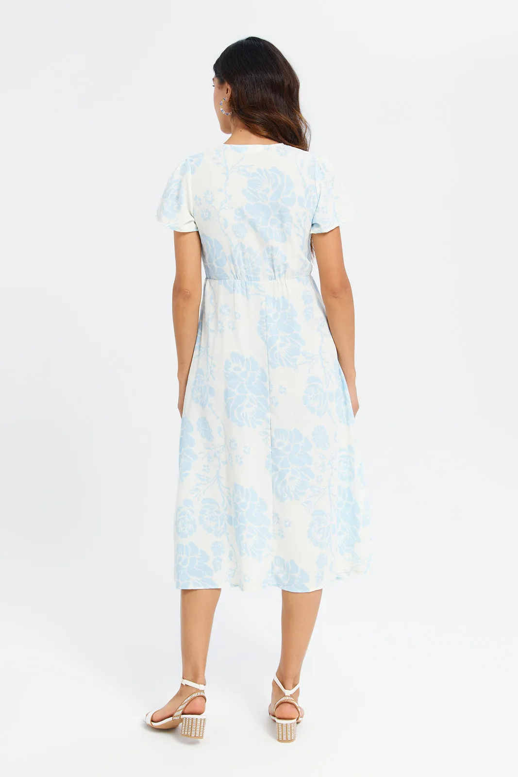 Women Blue And White Printed Midi Dress