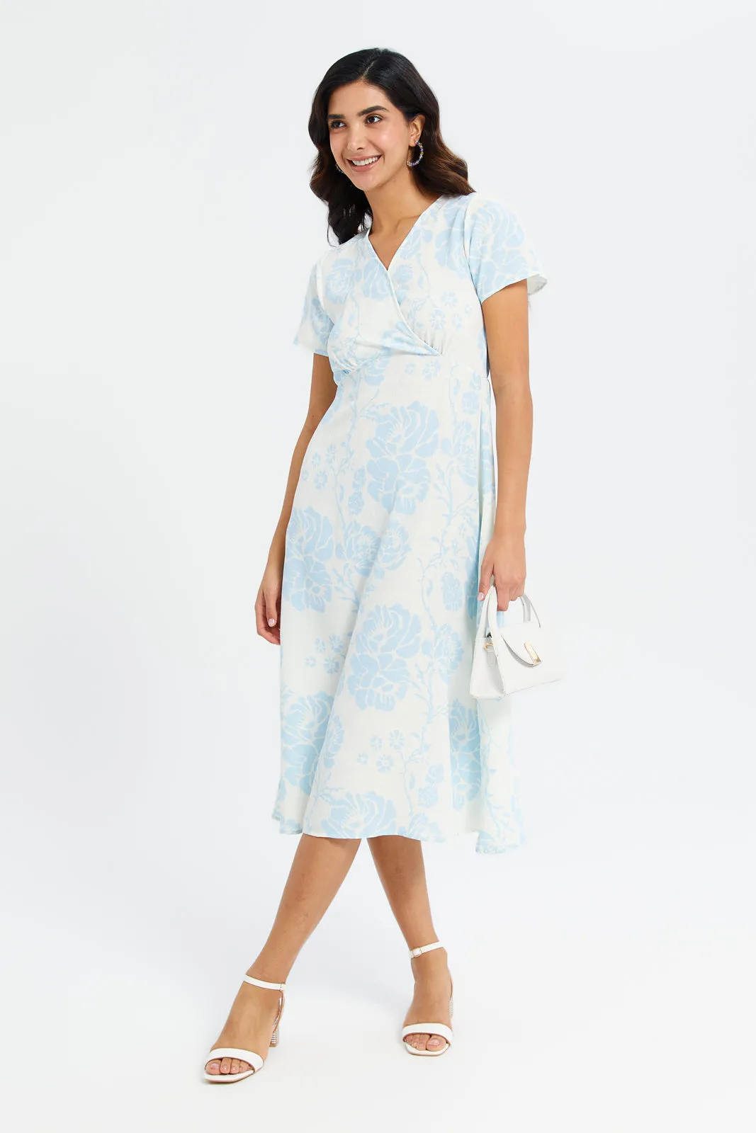 Women Blue And White Printed Midi Dress