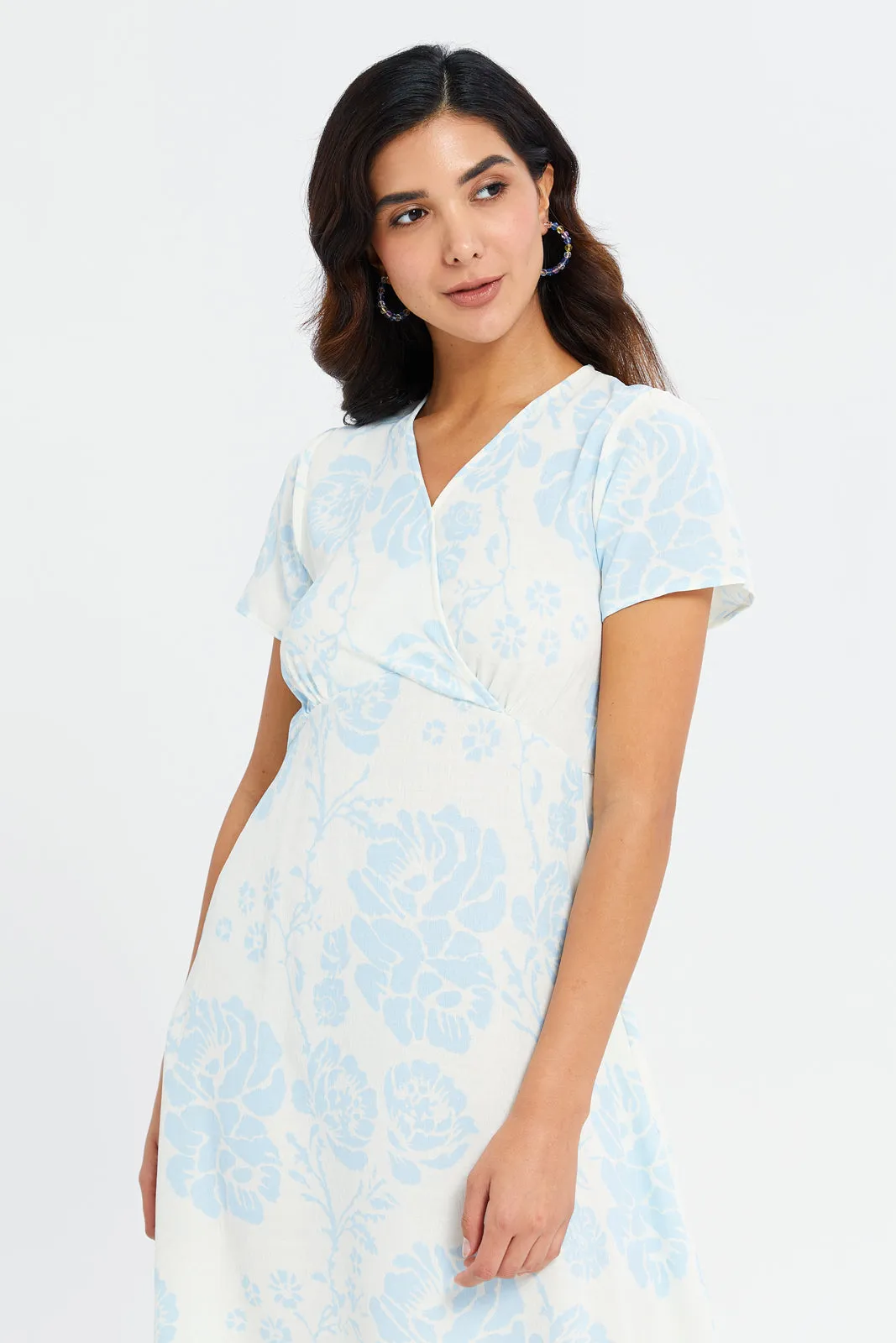 Women Blue And White Printed Midi Dress