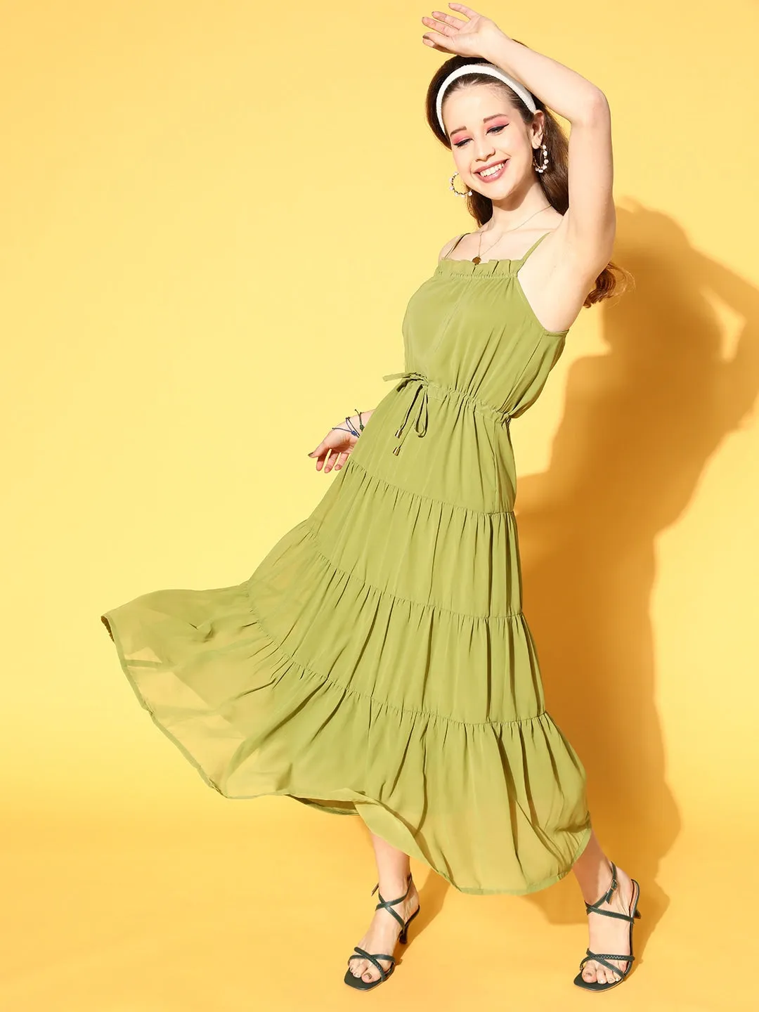 Women Mint Green Strappy Tiered Dress