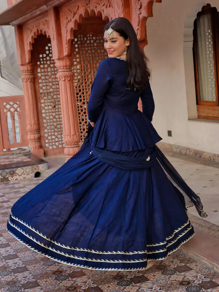 Women Navy Blue Embroidered Lehenga Dupatta Set