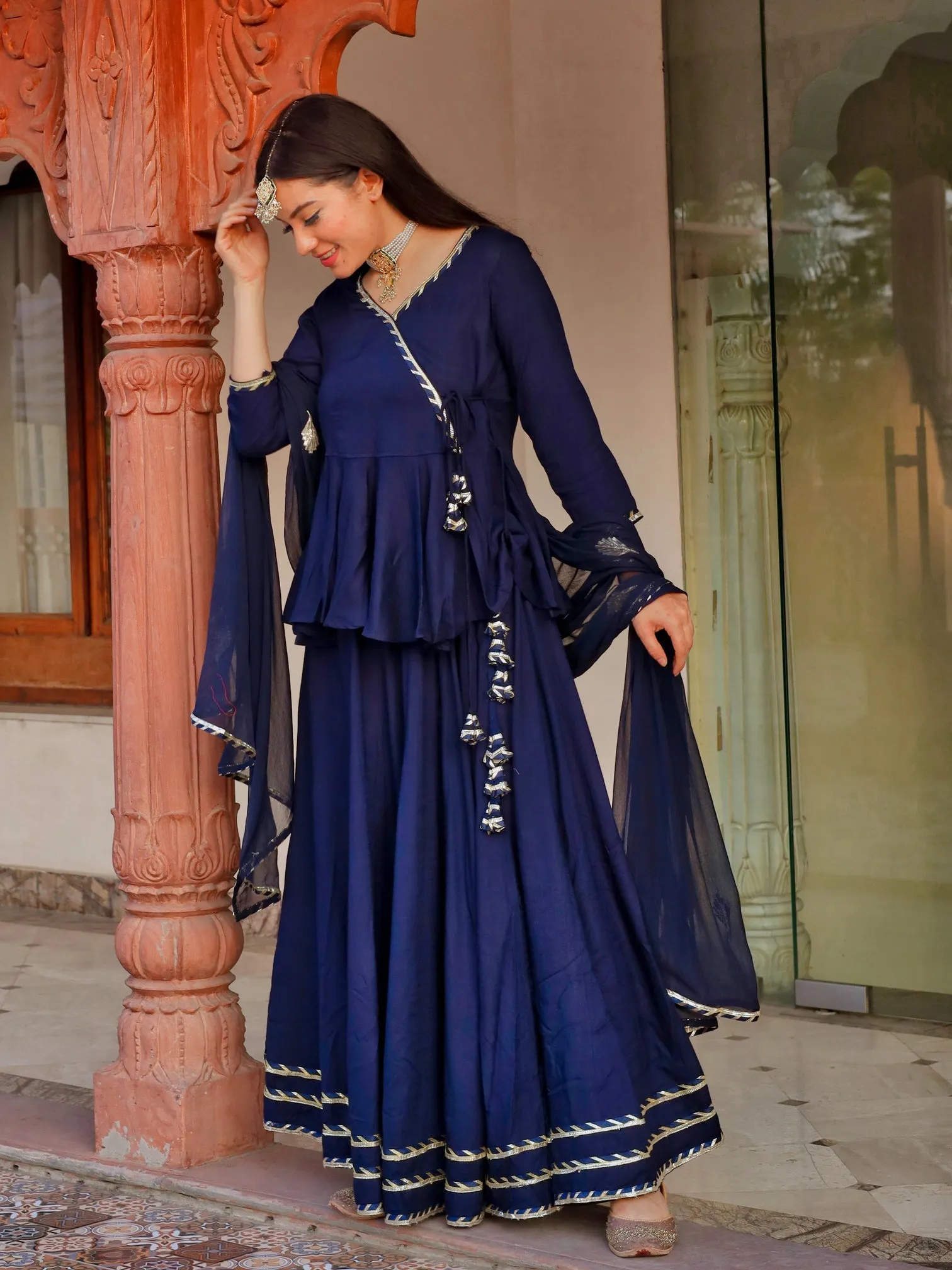 Women Navy Blue Embroidered Lehenga Dupatta Set