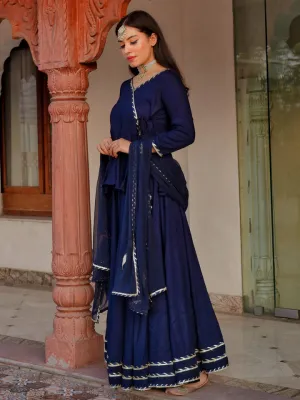 Women Navy Blue Embroidered Lehenga Dupatta Set