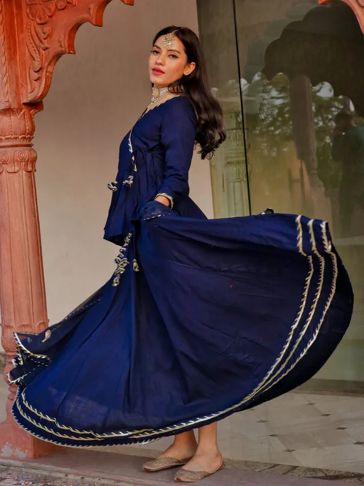 Women Navy Blue Embroidered Lehenga Dupatta Set