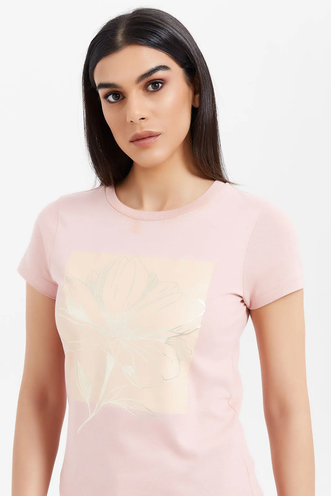 Women Pink Floral Foil T-Shirt