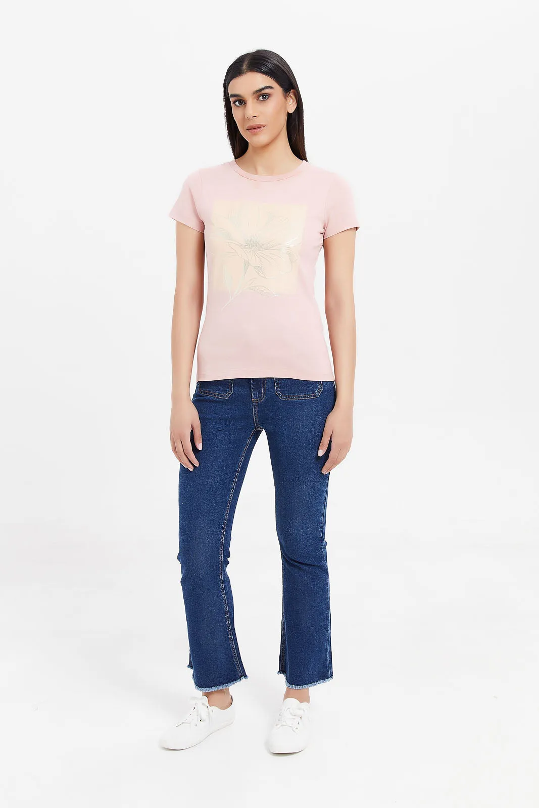 Women Pink Floral Foil T-Shirt