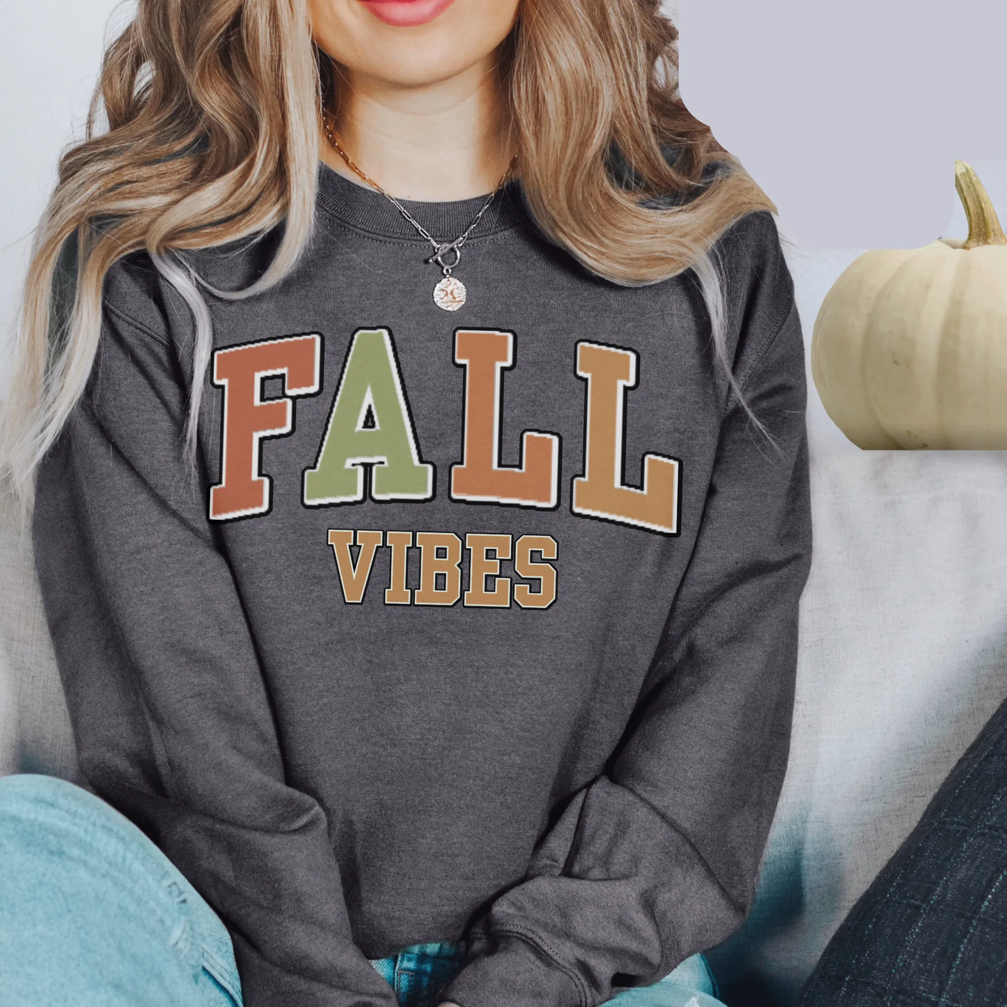 Women's Vintage Fall Vibes Sweatshirt Varsity Letters Design Gildan Pullover