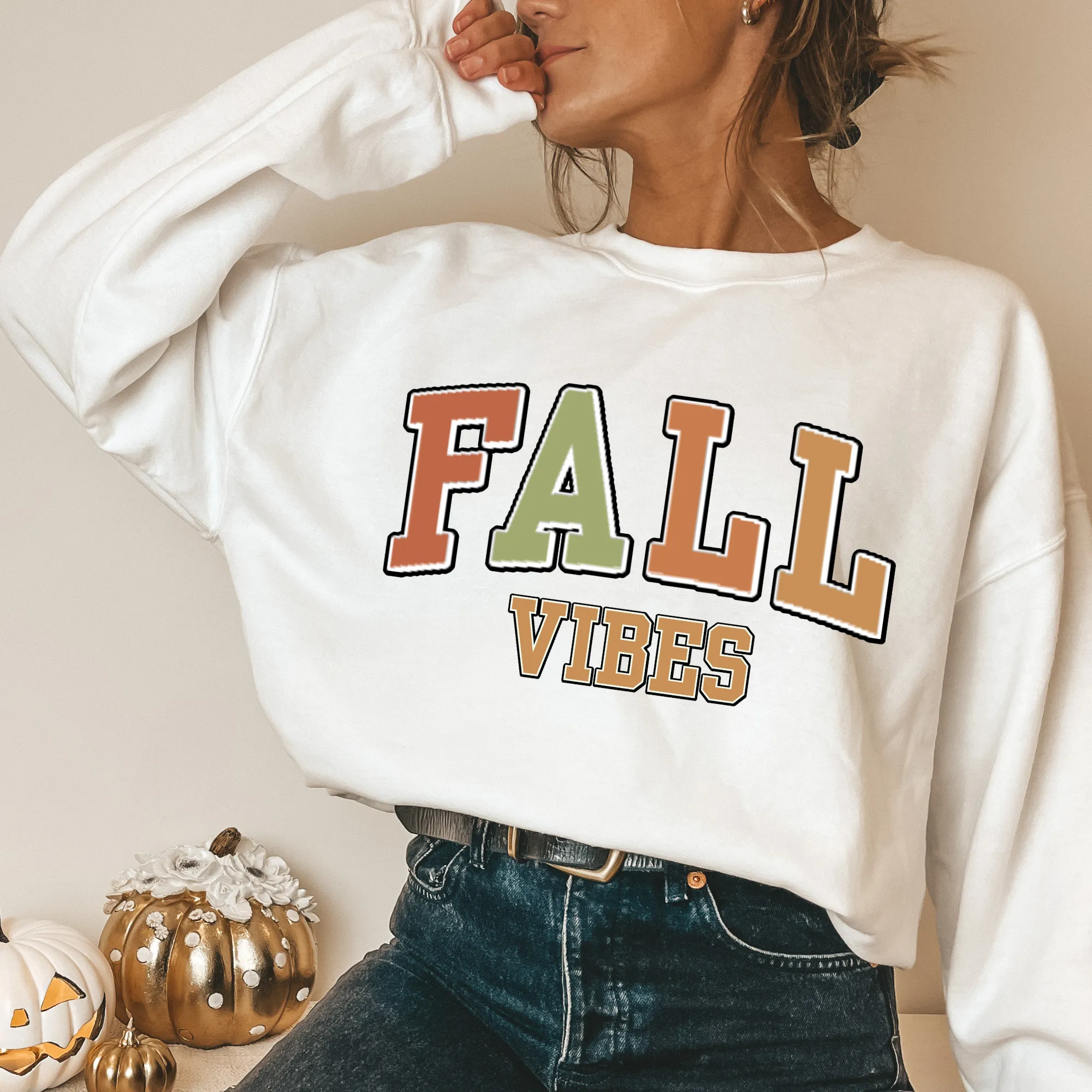 Women's Vintage Fall Vibes Sweatshirt Varsity Letters Design Gildan Pullover