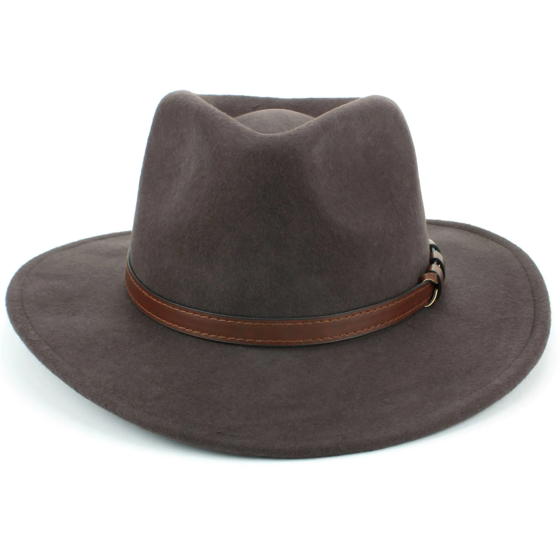 Wool Fedora Hat with Faux Leather Band - Brown