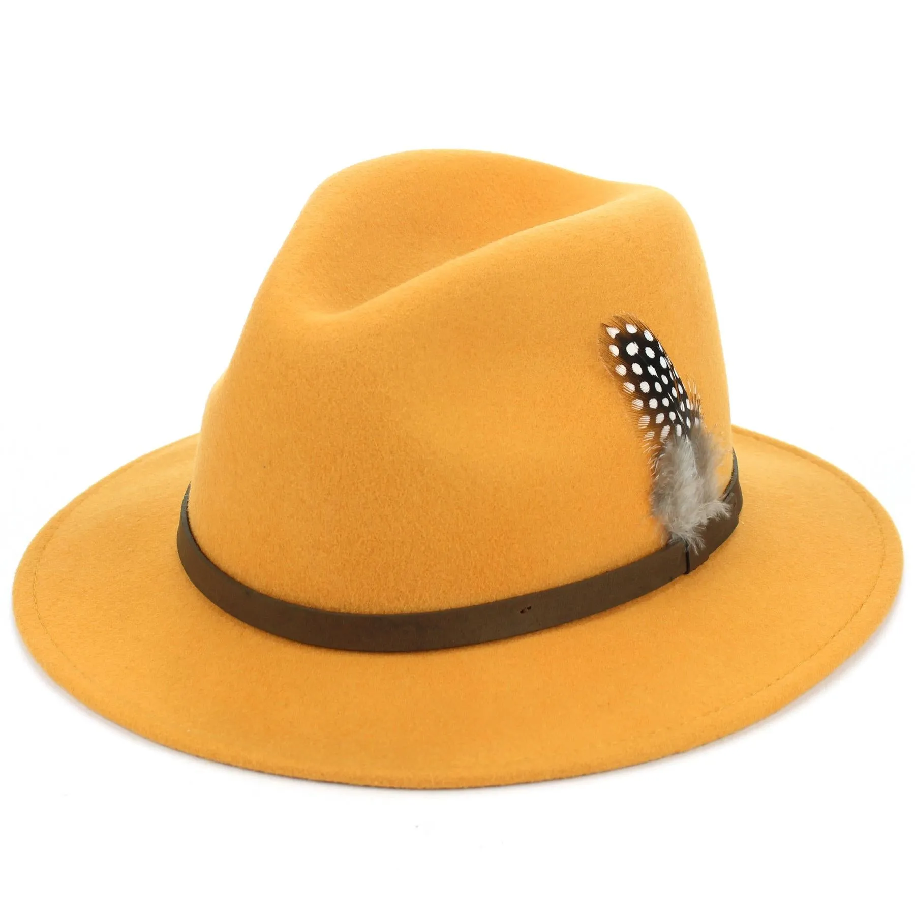 Wool Felt Fedora with Feather - Mustard