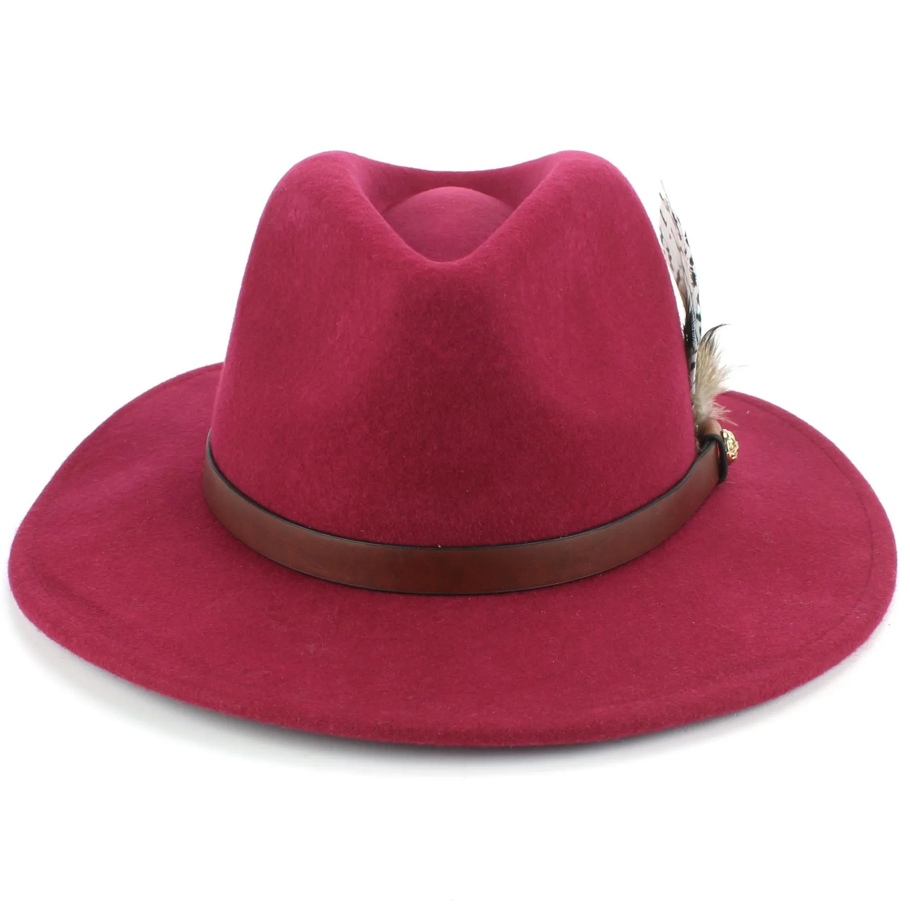 Wool Felt Fedora with Feather - Wine